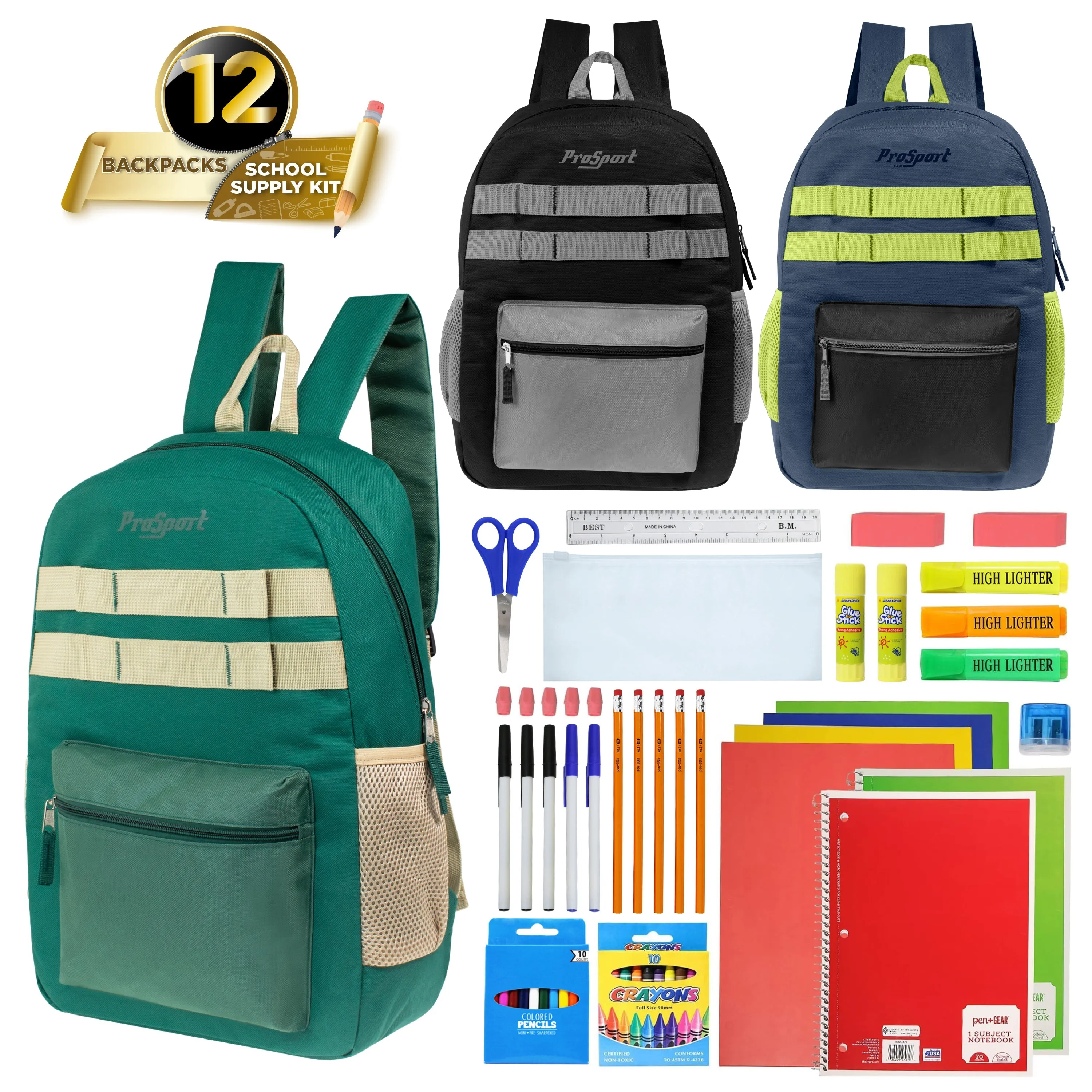 Wholesale Backpacks in Asst Colors & 12 Bulk School Supply Kits