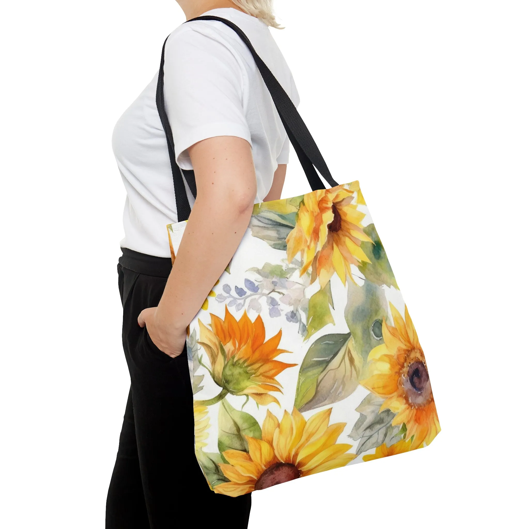 Yellow Sunflowers Tote Bag, Polyester Canvas Tote Bag, Cute Yellow Flowers Shopping Bag, Reusable Tote, Summer Tote