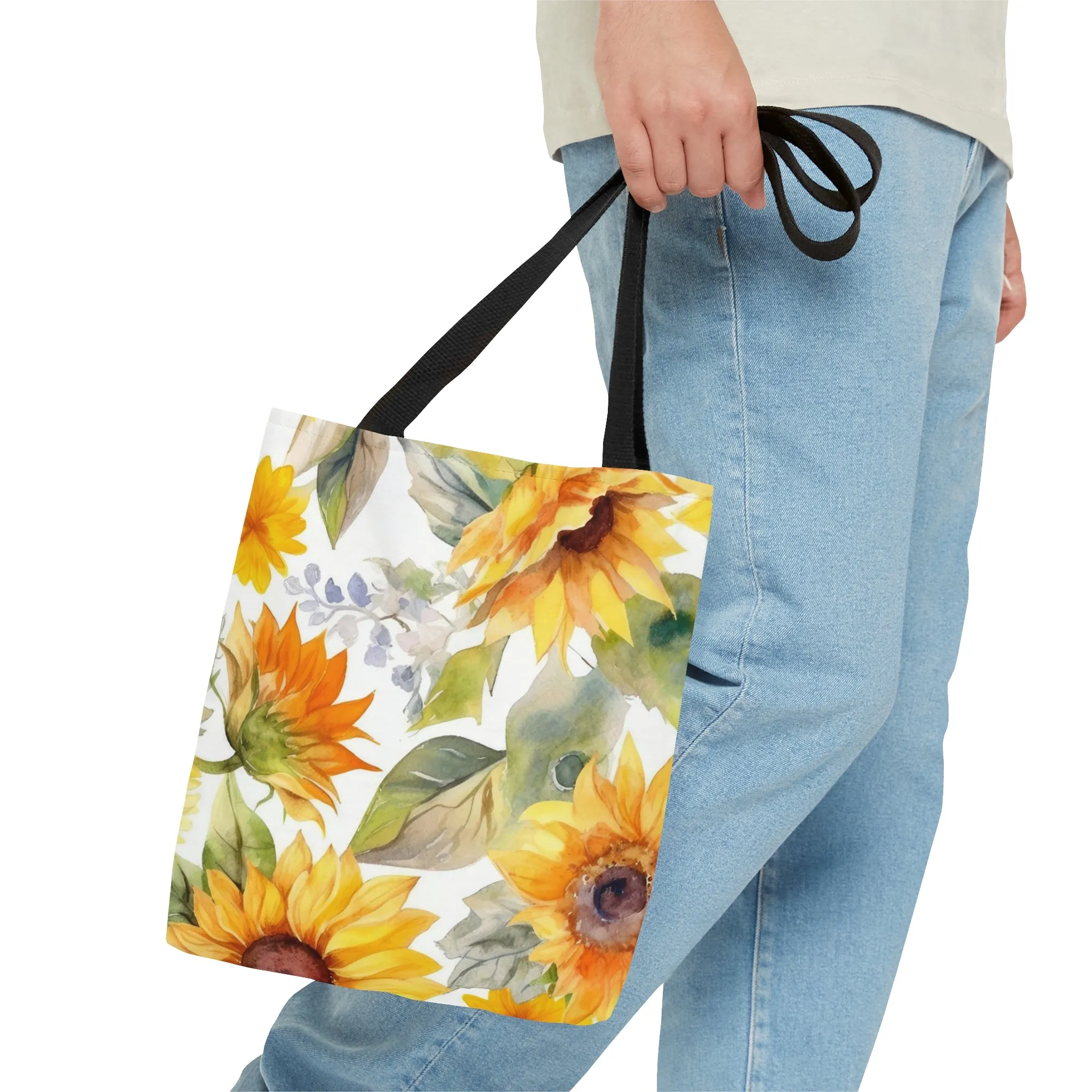 Yellow Sunflowers Tote Bag, Polyester Canvas Tote Bag, Cute Yellow Flowers Shopping Bag, Reusable Tote, Summer Tote