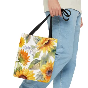 Yellow Sunflowers Tote Bag, Polyester Canvas Tote Bag, Cute Yellow Flowers Shopping Bag, Reusable Tote, Summer Tote