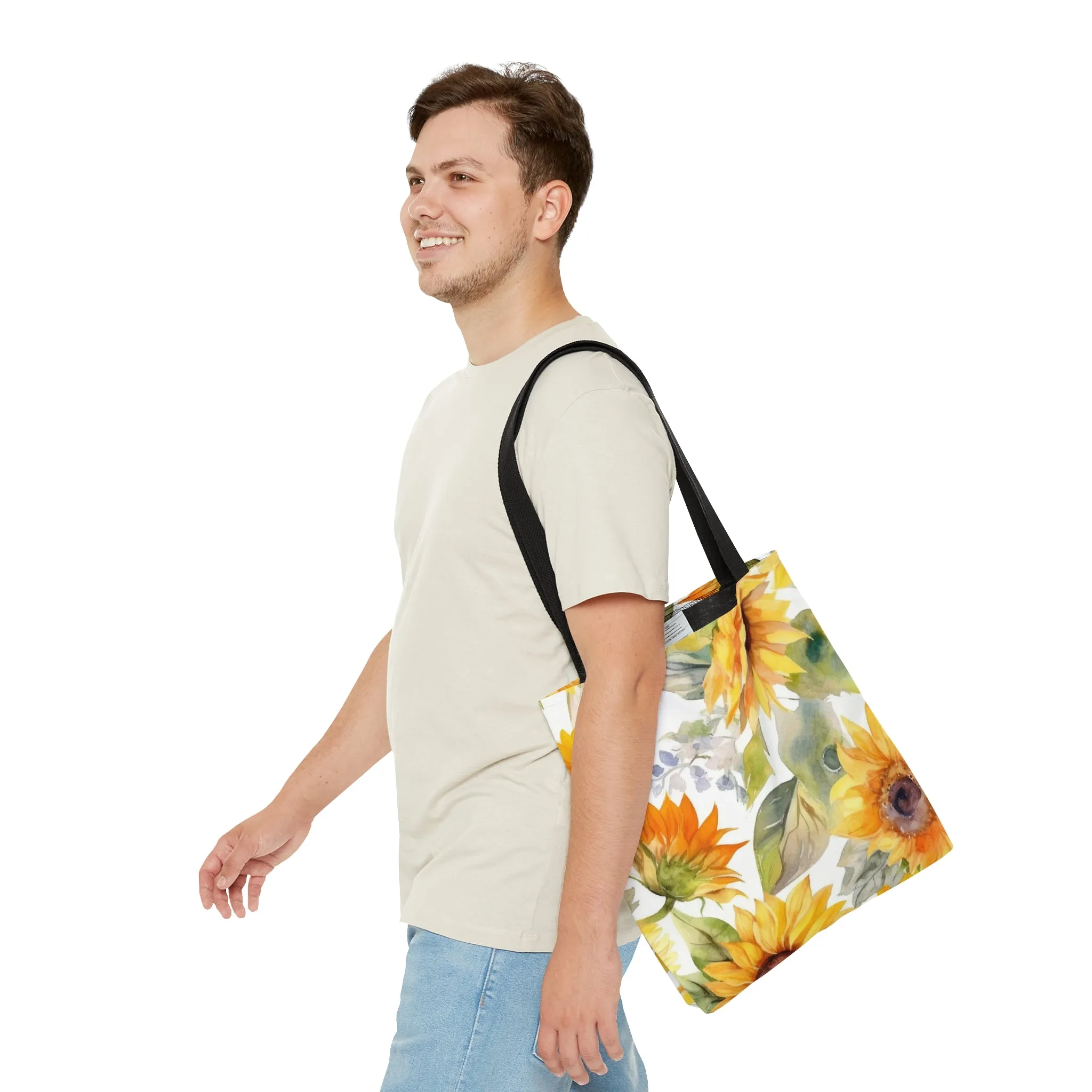Yellow Sunflowers Tote Bag, Polyester Canvas Tote Bag, Cute Yellow Flowers Shopping Bag, Reusable Tote, Summer Tote